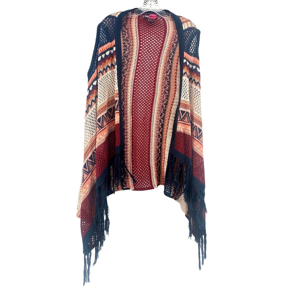 Say What? Womens Large Southwestern‎ Knit Fringe Vest Cowgirl Ranch Festive Boho